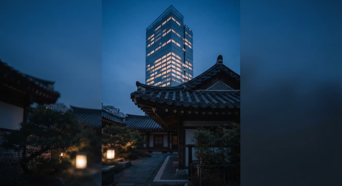 A traditional Korean roof in the foreground and a lit tower behind it at dusk.