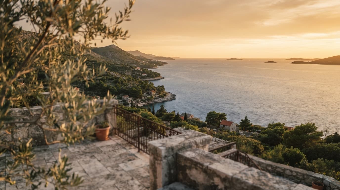 Late light over an Adriatic coastline, with olive branches and stone terraces in the foreground.