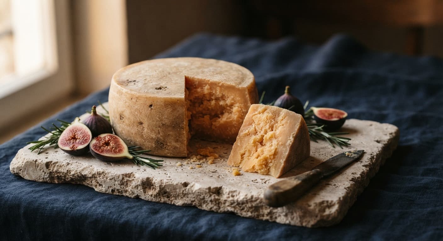 A cut wheel of aged cheese on stone, with figs and rosemary. Illustrative.