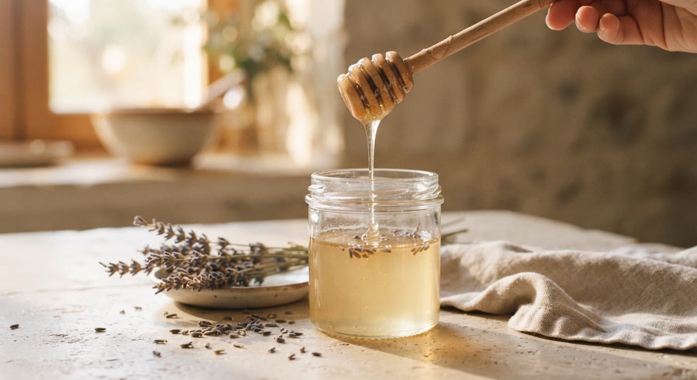 A jar of pale honey with a wooden dipper and dried lavender. Illustrative.