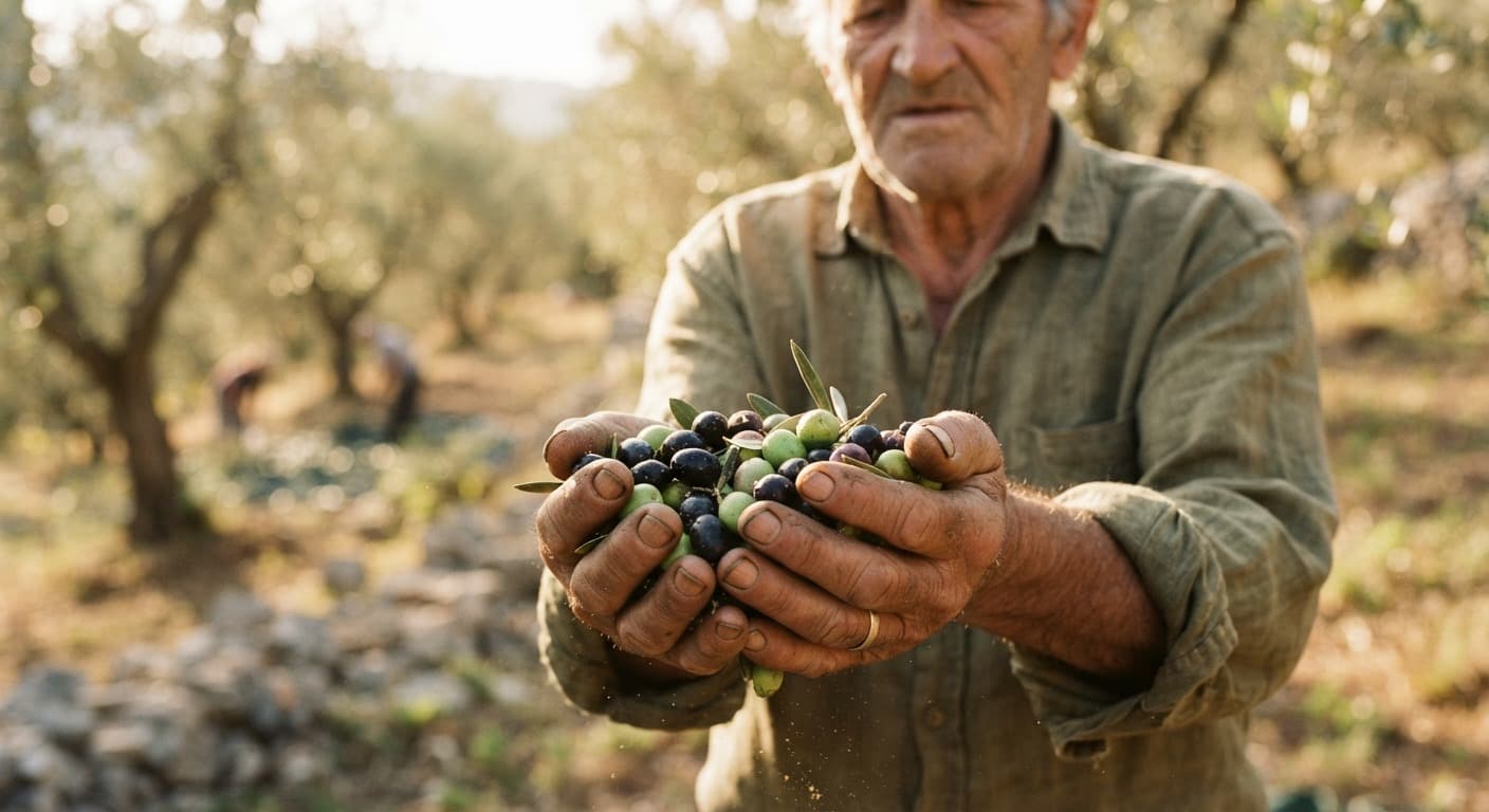 An olive grower holding freshly picked olives in a grove. Illustrative photograph, not a named producer.