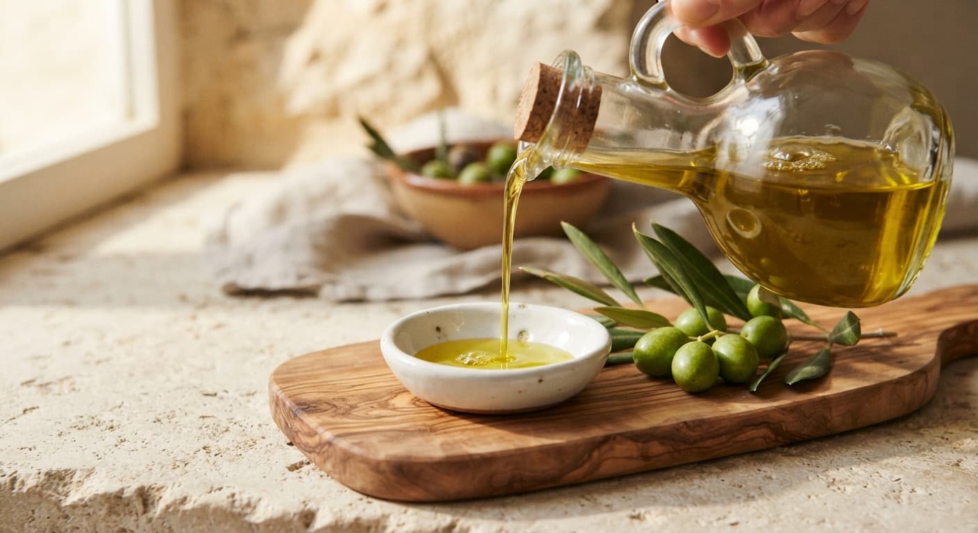Olive oil poured from a glass cruet into a small bowl, with olives on a wooden board. Illustrative.