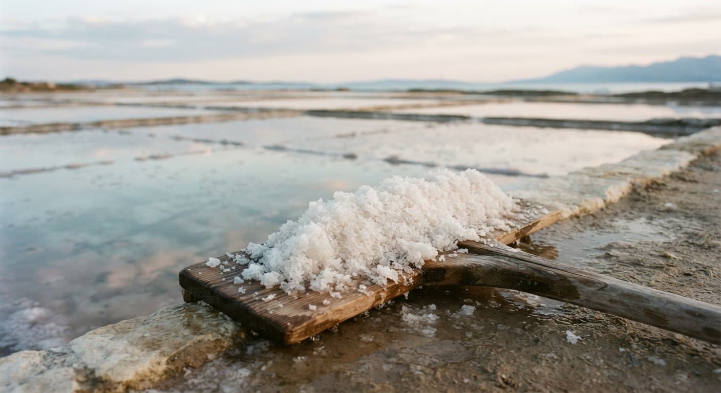 A wooden rake holding coarse sea salt beside shallow coastal salt pans. Illustrative.