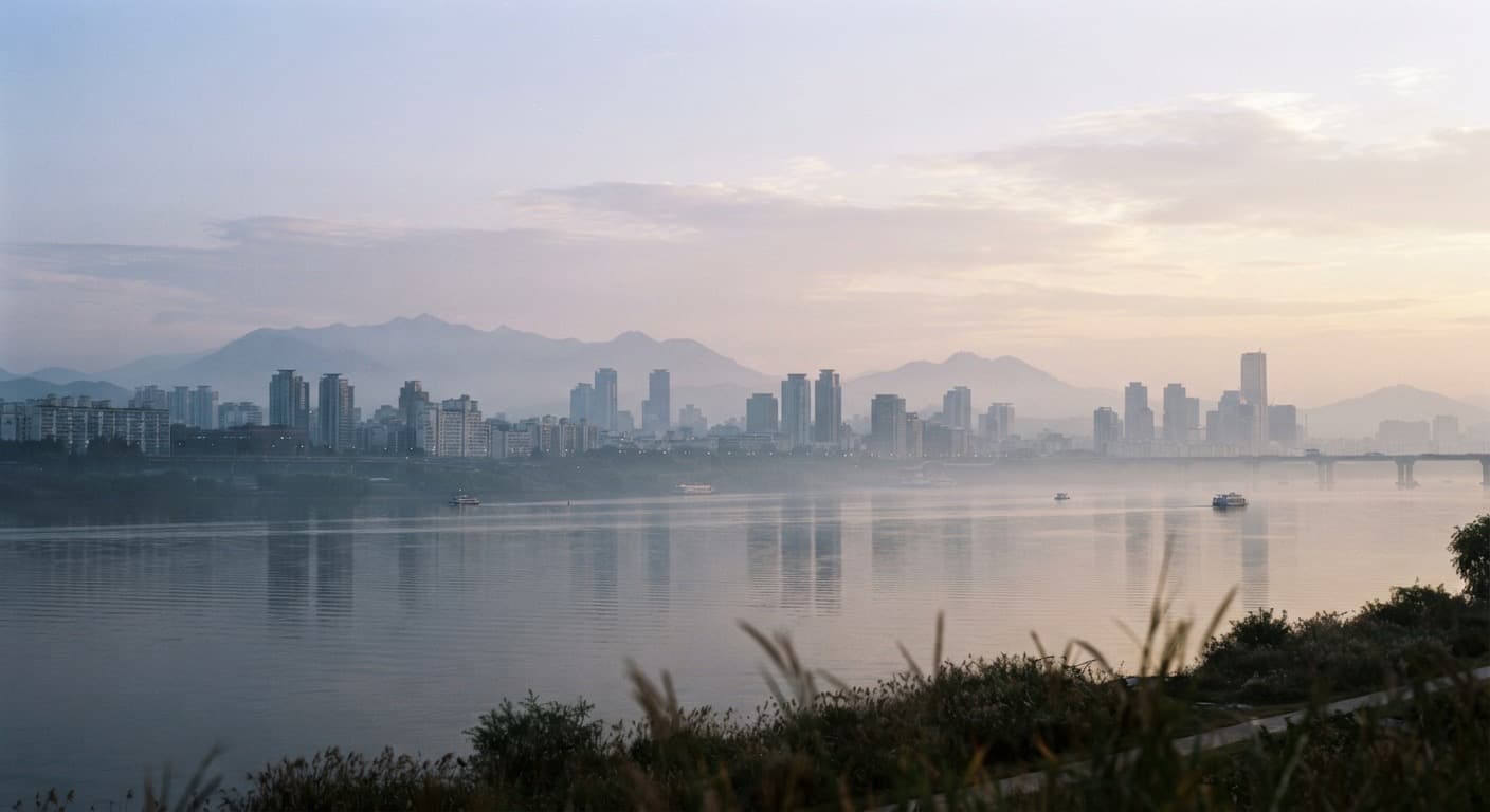 Seoul across the Han River in early light, with mountains behind the skyline.