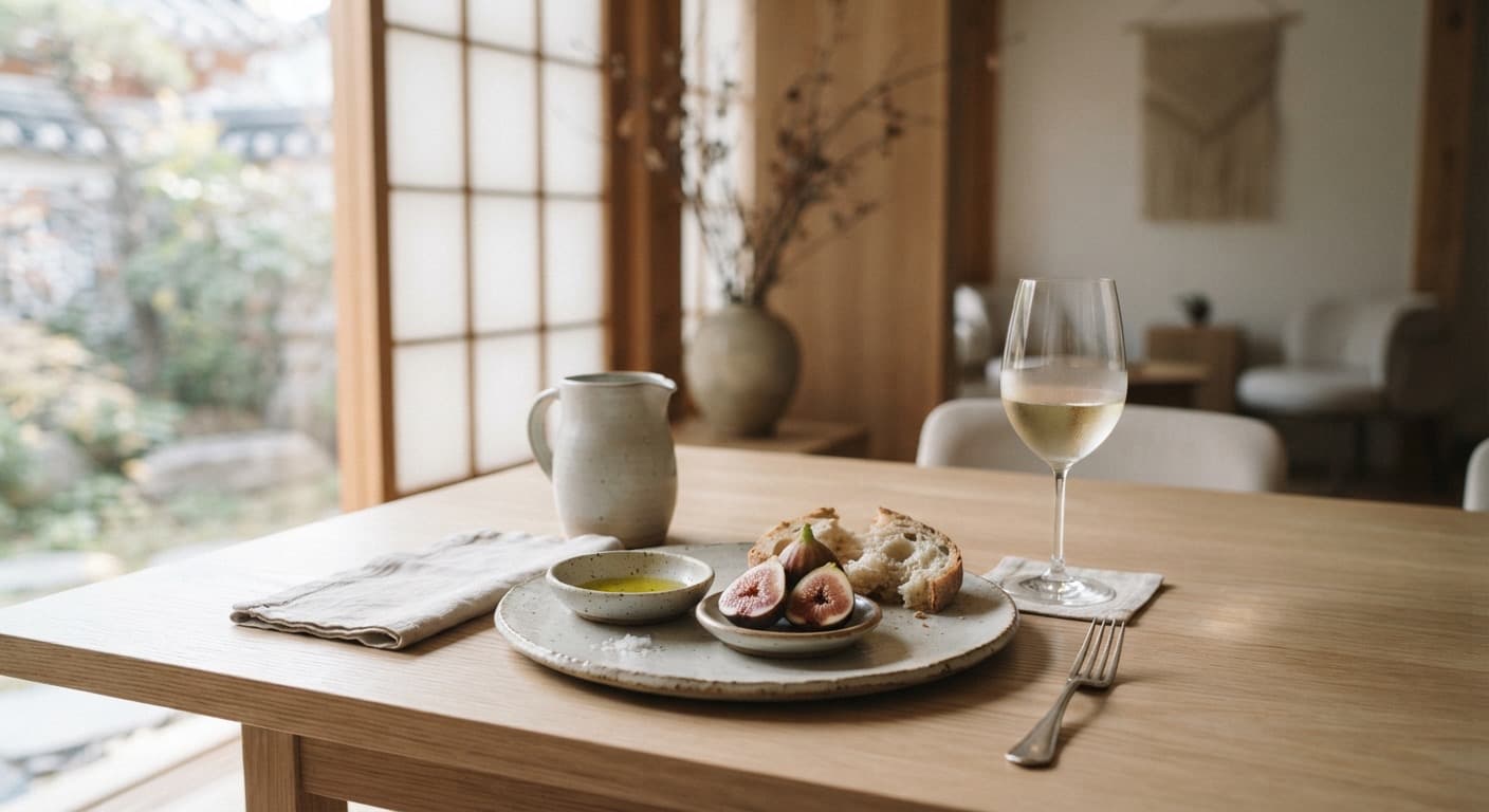 A quiet table set with bread, figs, olive oil and a glass of wine, beside a paper screen.