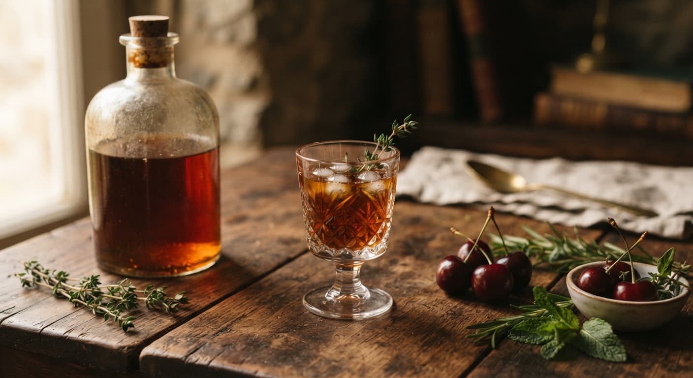 A bottle of amber spirit, a cut-glass glass, and cherries on a wooden table. Illustrative.