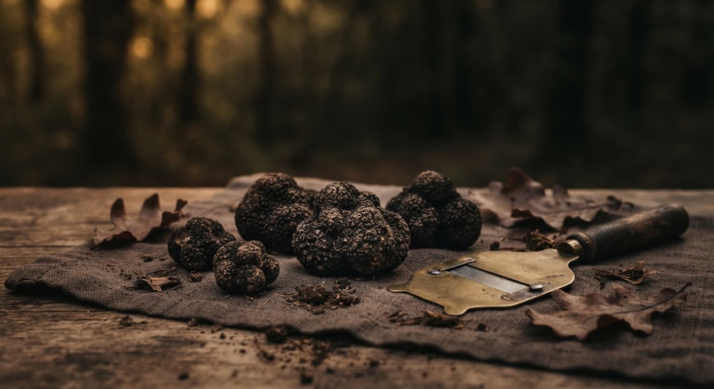 Dark truffles on linen with a brass slicer. Illustrative.