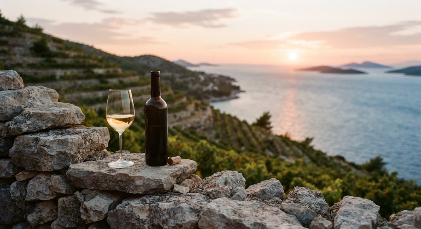 A wine bottle and glass on a stone wall above coastal vineyards at sunset. Illustrative.